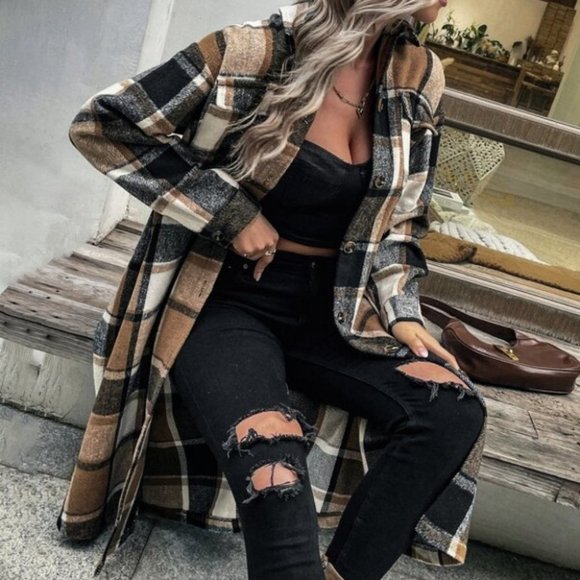 Casual Contemporary Plaid Print Drop Shoulder Coat - Picture 6 of 9